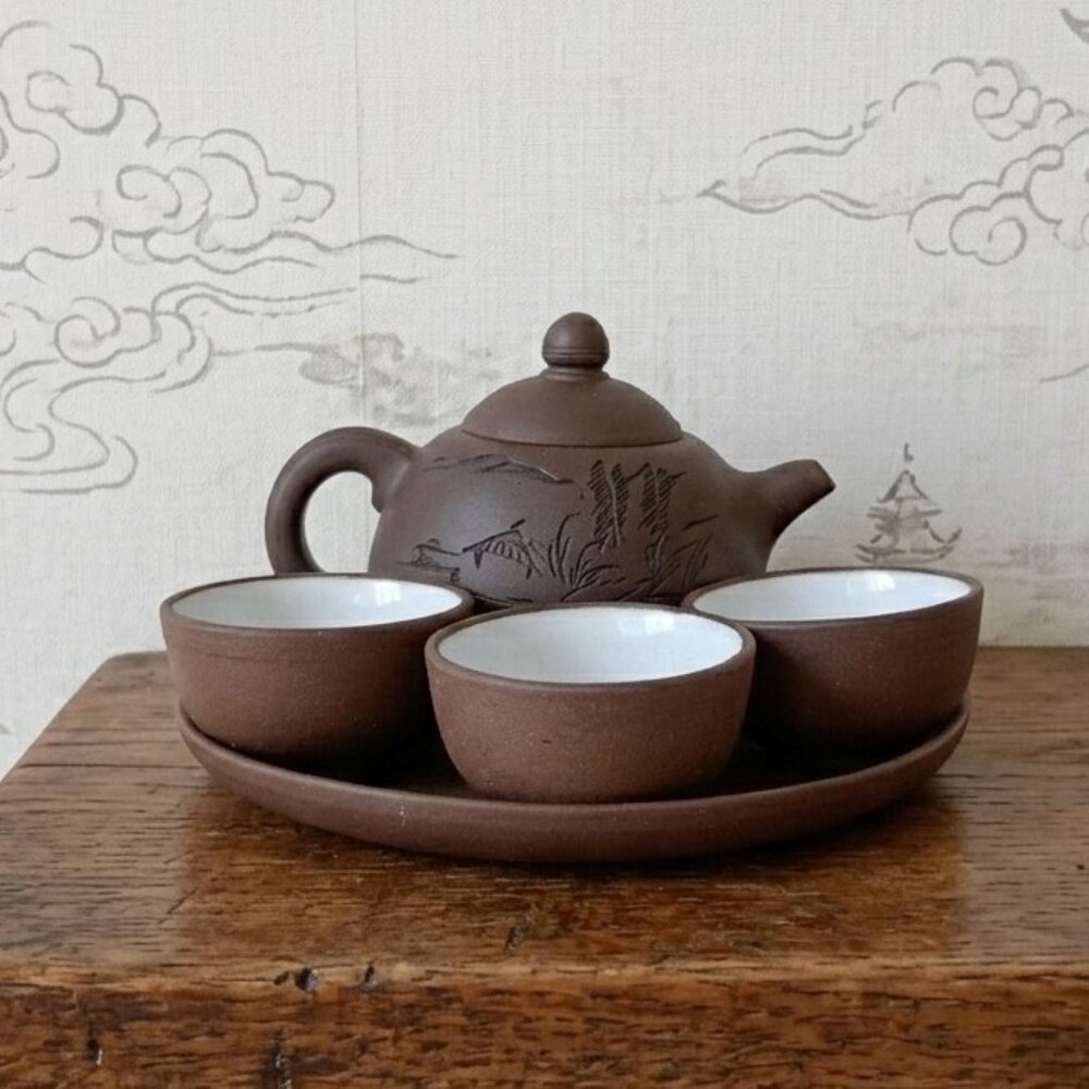 Vtg Miniature Yixing Zisha Purple Clay Teapot Set Etched Landscape Calligraphy